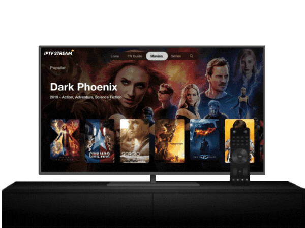 Interface IPTV Premium FOX IPTV France affichant des films populaires comme Dark Phoenix, Avengers et Sergio.