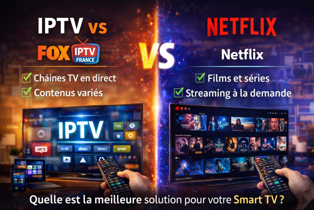 comparatif IPTV FOX FRANCE vs Netflix sur Smart TV avec chaînes en direct et streaming à la demande